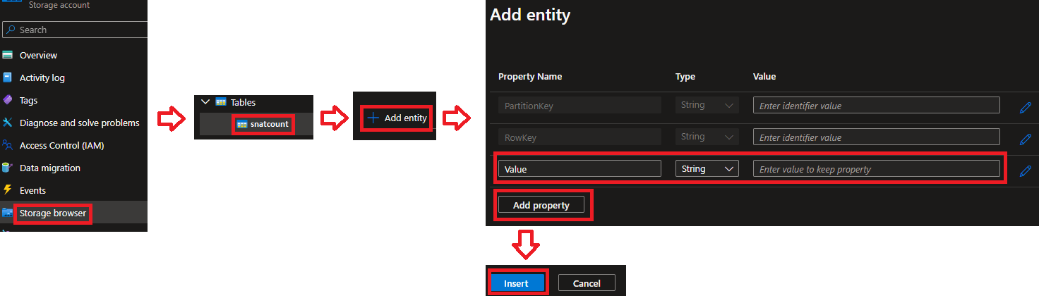 Creating the Value entity in the Azure Tables Storage Browser