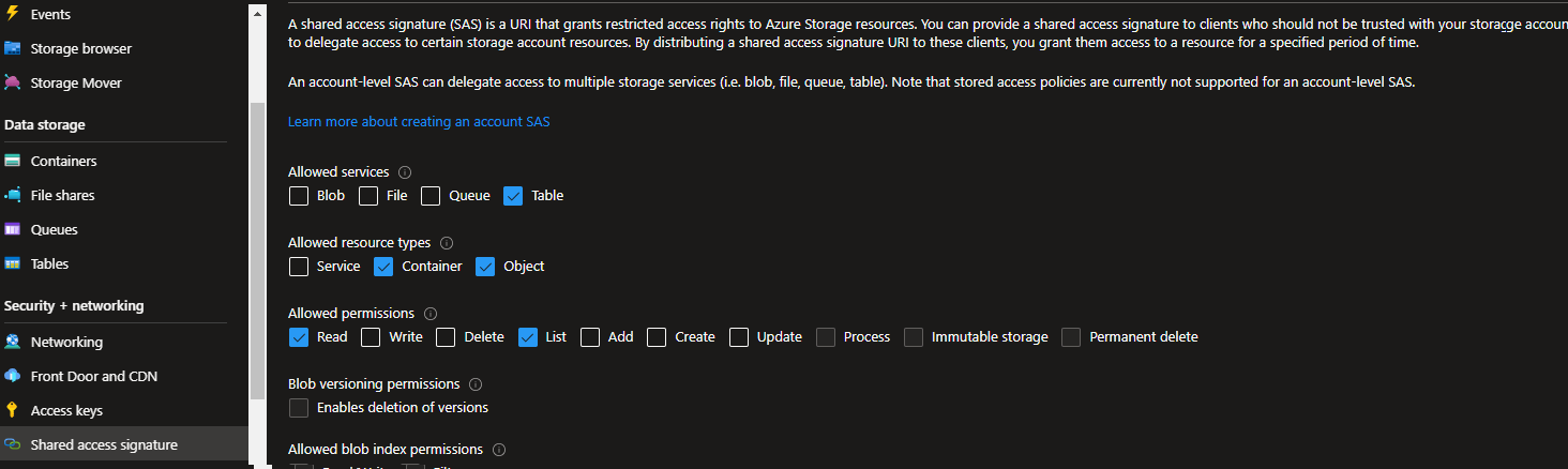 Shared access signature permissions in the Azure Portal